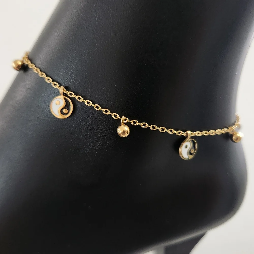 Gold Plated Yin Yang Anklet Adjustable Dainty Bracelet Minimalist Charm Jewelry - Picture 4 of 12